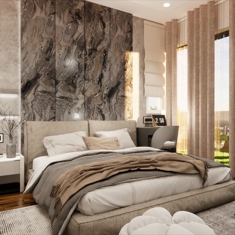 The bedroom is the only place where we can relax and be ourselves. Keeping this in mind, the colors used here are nudes and grey tones which soothes and relaxes one's body and mind. The exposed concrete wallpaper gives an industrial look to the room, which is an elegant modern design. It is paired with a clean edged stone back panel for the high end look. All these elements are put together with some other decorative items and proper lighting in the places required. Concrete Wallpaper, Grey Bedroom, Exposed Concrete, Body And Mind, Grey Tones, Put Together, Modern Design, Decorative Items, Bedroom