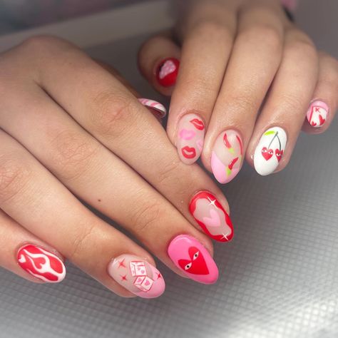 Valentines Nails With Cherries, Mix Match Valentines Day Nails, Fire Valentines Nails, Valentines Cherry Nails, Girly Valentines Nails, Abstract Valentines Nails, Matching Valentines Nails, Mix And Match Nails Design, Valentine’s Day Nail Art