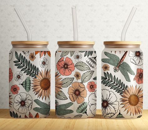 Boho Tumbler, Glass Can Tumbler, Beige Flowers, Can Tumbler, Cup Wraps, Boho Leaves, Glass Can Wrap, Sublimation Ideas, Diy Wrap