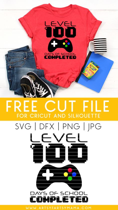 Level 100 Completed Shirt with 15 Free 100th Day of School Cut Files | artsy-fartsy mama 100 Days Of School Shirt Vinyl, 100 Days Of School Cricut Ideas, 100th Day Of School Svg Free, 100 Days Of School Shirt Cricut Free, 100 Days Of School Shirt Svg Free, Cricut 100 Days Of School Shirts, 100th Day Of School Shirts Cricut, 100th Day Of School Shirts Boy, 100 Days Of School Svg Free