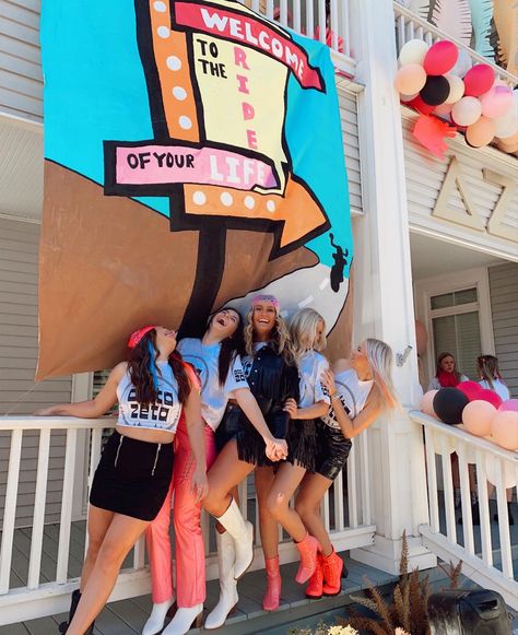 Ride Of Your Life Bid Day Theme, Welcome To The Ride Of Your Life Bid Day, Ride Of Your Life Bid Day, Road Trip Bid Day, Route 66 Party, Sorority Themes, 2023 Lookbook, Spring Recruitment, Recruitment Ideas