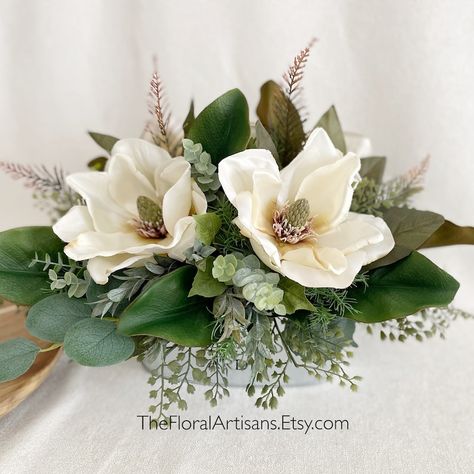 Farmhouse Floral Arrangement Magnolias Floral Arrangement Magnolia Floral Neutral Floral Arrangement - Etsy Magnolia Centerpiece Floral Arrangements, Anniversary Floral Arrangements, Flower Arrangements Ideas, 40 Anniversary, Magnolia Centerpiece, Small Arrangements, Box Arrangement, White Floral Arrangements, Lantern Swag