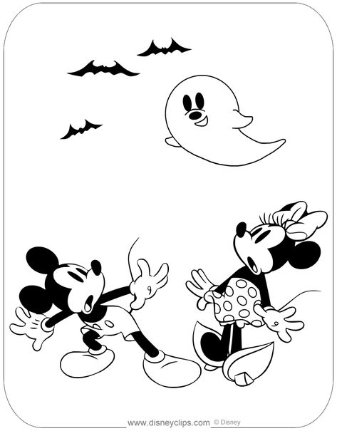 Coloring page of Classic Mickey and Minnie spotting a spooky ghost on Halloween! Mickey And Minnie Halloween, Free Printable Halloween Coloring Pages, Disney Halloween Coloring Pages, Minnie Mouse Dress Up, Mickey Ghost, Cruise Hacks, Mickey Coloring Pages, Mickey Tattoo, Clothes Videos