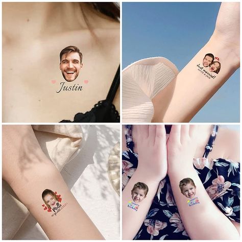 The most CREATIVE AND FUN custom groom face tattoo for a bachelorette party or bridal shower EVER! Bachelorette tattoos are a super fun way for the bride and her ladies to show off the future Mr. Groom! Photo tattoos are truly a blast! Bridal Shower Tattoos, Bachelorette Party Ideas Grooms Face, Bachelorette Photo Booth, Bridal Brunch Favors, Bachelorette Party Funny, Bachelorette Tattoos, Glitter Party Decorations, Bachelorette Gift Bags, Pink Bachelorette Party