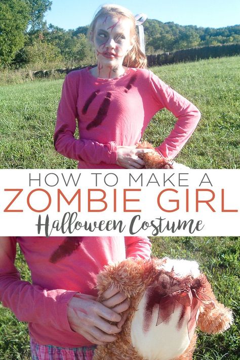 Learn how to make a zombie girl costume that is perfect for Halloween! This teen costume is both inexpensive and easy to make! #halloween #halloweencostume #zombie #teens Zombie Diy Costume Kids, Zombie Diy Costume, Diy Zombie Clothes, Zombie Girl Costume, Diy Zombie Costume, Girl Zombie Costume, Zombie Costume Kids, Vampire Costume Diy, Diy Girls Costumes