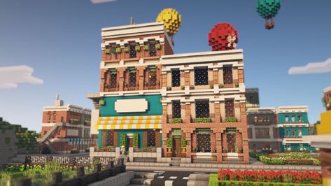 Minecraft Shop Building, Minecraft Shop Exterior, Minecraft San Francisco House, Minecraft Store Front Ideas, Minecraft Art Deco House, Minecraft American Town, Shopping District Minecraft, Minecraft City Shops, Minecraft Corner Store