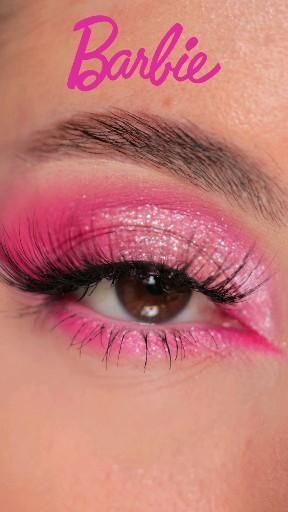 90s Barbie Makeup, Pink Party Makeup Glitter, Pink Eyeshadow Barbie, 70s Barbie Makeup, Pink Easy Makeup Looks, Glam Barbie Costume, Disco Barbie Makeup, Cute Cowgirl Makeup, Barbie Party Makeup