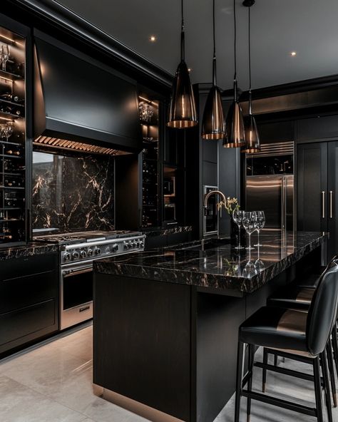 Dark Home Kitchen, Dark Luxury Kitchen Design, Dark Castle Kitchen, Black House Aesthetic Interior, Mafia Kitchen, Dark Luxury Kitchen, All Black House Interiors, All Black Kitchen Ideas, Black And Gold Interior Design