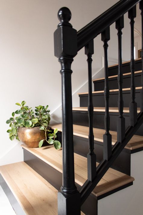 Dark Walls Hallway, Black Staircase With Runner Carpet, Wooden Stairs Ideas Modern, Split Foyer Entrance Ideas, Split Level Stairs Remodel Entryway, Black Farmhouse Staircase, Split Level Staircase Ideas Railings, Split Level Staircase Ideas Entryway, Split Level Entry Stairs Railings