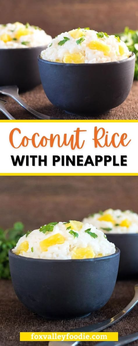 Your family will love the bright and creamy flavor of Coconut Milk Rice with Pineapple, and you will love how quick and easy it is to prepare with minimal ingredients! This recipe features tender white rice simmered in a rich bath of coconut milk, resulting in a creamy side dish spiked with the bright taste of pineapple! Rice And Coconut Milk Recipe, Tropical Rice Recipes, Coconut Pineapple Rice Recipe, Rice In Coconut Milk, Coconut Rice Pineapple, Coconut Pineapple Rice, Pineapple Rice Recipes, Pineapple Rice Bowl, Rice With Pineapple