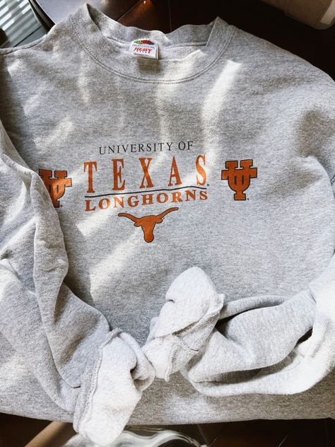 Gray sweatshirt with Texas Longhorns logo Thrifted Crewneck, Ut Austin Sweatshirt, Western Crewneck, Texas Sweatshirt, Texas Hoodie, Ut Sweatshirt Texas Longhorns, Texas Longhorns Womens Apparel, Texas Longhorn Shirt, Western Graphic Crewneck