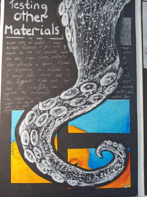 Sea, coast, drawing, oil pastel, GCSE art Gcse Art Sketchbook Ocean, Sealife Gcse Art, Gcse Art Sketchbook Sea Life, Gcse Art Sea Life, A Level Art Themes Ideas, Land Sea And Sky Gcse Art, Gcse Aesthetic, Ocean Theme Art, Sea Textiles