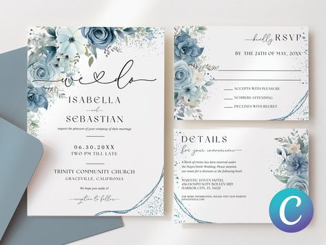 "Hello and warm greetings from Kut And Kraft Studio! Set the tone for your romantic celebration with our Dusty Blue Wedding Invitation, featuring a Powder Blue Peonies Floral Canva Template. This elegant and minimalist design, enhanced with modern romantic watercolor touches, adds a touch of sophistication to your announcement, capturing the essence of your wedding day. The Canva template allows for easy customization, ensuring you can personalize the invitation to match your unique style and event details. Download, customize, and share this elegant invitation digitally or in print to give your guests a glimpse of the timeless beauty awaiting them on your wedding day. Make a lasting impression with this elegant and modern design that perfectly encapsulates the romance of your love story. Canvas Wedding Invitations, Unique Modern Wedding Invitations, Shades Of Blue Wedding Invitations, Canva Wedding Invitations, Soft Blue Wedding Invitations, Invitation Card Design Dusty Blue, Dusty Blue Wedding Invitations Template, Dusty Blue Wedding Invitations, Watercolor Invite