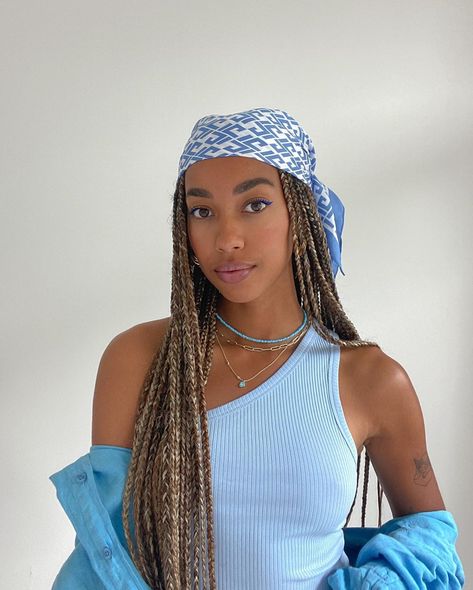 @amaka.hamelijnck on Instagram, beauty, hair, protective hairstyles, braids Box Braids Outfit Fashion, Braids Look Outfit, Amaka Hamelijnck Outfits, Durag With Braids, Durag With Box Braids, Box Braid Inspiration, Scarf Over Braids, Braids And Scarf Black Women, How To Style Box Braids With A Scarf