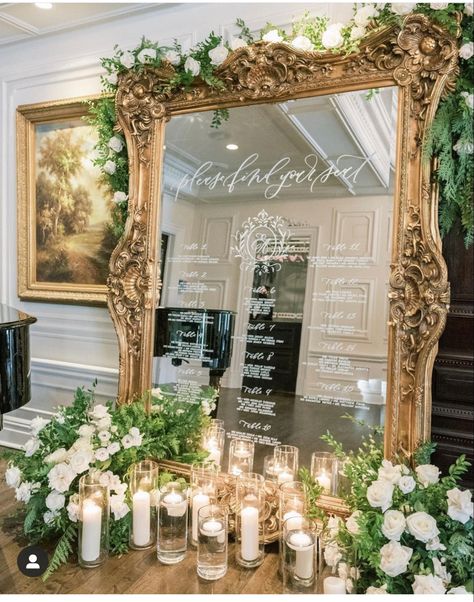 Gold Mirror Seating Chart, Mirror Signage, Champagne Decor, Mirror Wedding Signs, Mirror With Flowers, Mirror Seating Chart, Classy Wedding Decor, Wedding Seating Signs, Vintage Gold Mirror