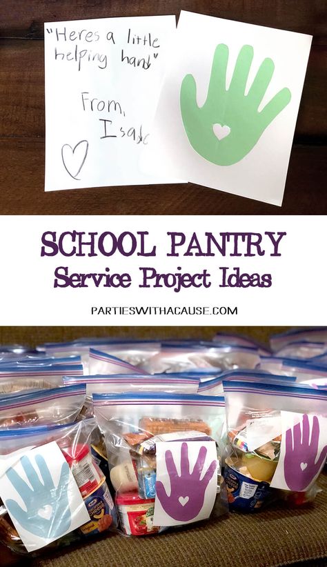 Looking for service project ideas for kids? Try collecting food donations for the school pantry program! No hungry kids is the goal and with community support every child can learn with a full stomach. Find out more at PartiesWithACause.com #serviceproject #foodpantry #fooddrive #kids #schoolpantry School Charity Ideas, Group Service Project Ideas, Food Bank Ideas, Service Learning Projects For Elementary, Community Service Projects For Kids, Service Project Ideas, Food Pantry Donations, Packing Party, Food Donations