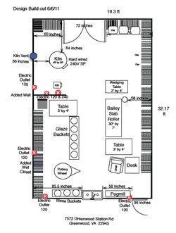 Clay Studio Layout, Pottery Space, Studio Floor Plans, Studio Floor, Studio Layout, Workshop Plans, Studio Shed, Ceramics Studio, Spray Booth