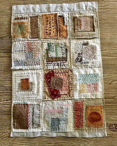 Claudia Moody Jones on Instagram: “Frequently asked what do I do with my stitched fabric squares. Spent a few days making this wall hanging with some of them. The backing is…” Boro Stitching, Primitive Stitchery, Crazy Quilt Stitches, Scrap Fabric Projects, Textile Wall Hangings, Kantha Embroidery, Sashiko Embroidery, Christmas Ornaments Diy, Quilted Christmas Ornaments