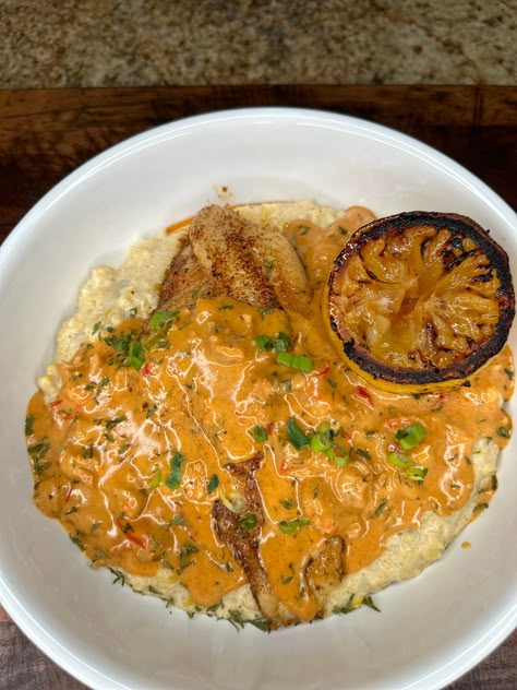 U.S Catfish and Grits Catfish Sandwich Sauce, Blackened Catfish And Grits, Fish And Grits Sauce, Crawfish And Grits, Blackened Catfish With Cream Sauce, Cajun Crawfish Cream Sauce, Creole Sauce For Shrimp And Grits, Catfish With Cream Sauce, Catfish And Grits Soul Food