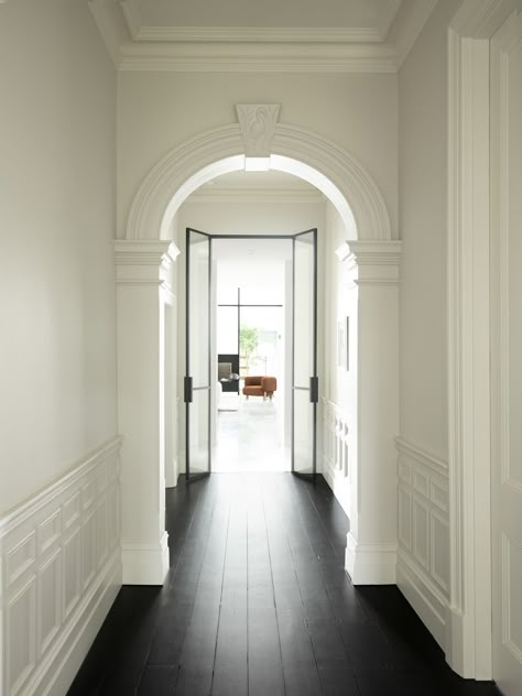 Walkerville Residence by Williams Burton Leopardi White Hallway Ideas, 1900s House, White Hallway, Australian House, Marble Staircase, Elegant Entryway, Joinery Design, Black And White Interior, Sanctuary Bedroom