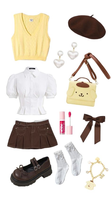 Pompompurin Outfit Inspired Sanrio Outfits Pompompurin, Pompompurin Outfit Ideas, Pompompurin Inspired Outfit, Pompompurin Backpack, Sanrio Inspired Outfit, Pompompurin Cosplay, Pompompurin Outfit, Pompompurin Birthday, Sanriocore Outfits