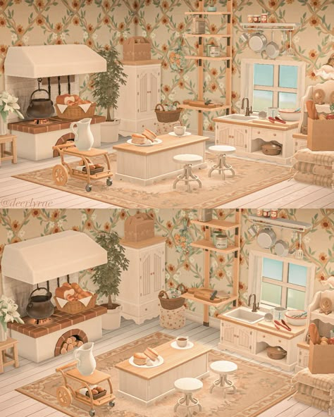 Animal Crossing Boho Design, Acnh Small Kitchen Designs, Home For A Classy Designer Acnh, Acnh Cozy Kitchen, Acne Kitchen Ideas, Acnh Downstairs Ideas, Flower Themed Living Room, Acnh Restroom Ideas, Maison Animal Crossing New Horizon