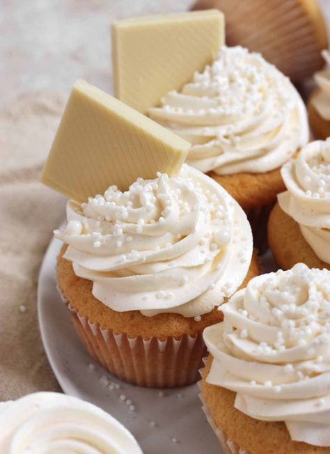 SOFT & FLUFFY White Chocolate Cupcakes - Scientifically Sweet Fluffy White Cupcakes, White Cupcake With Chocolate Frosting, White Chocolate Truffle Cupcakes, Fair Cupcakes, White Chocolate Filled Cupcakes, White Chocolate Ganache Cupcake Filling, Best Moist Chocolate Cake, Scientifically Sweet, White Chocolate Buttercream Frosting