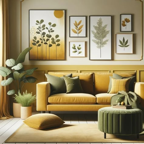 Olive Green Living Room, Bedroom Interior Colour, Olive Living Rooms, Mustard Living Rooms, Yellow And Olive Green, Mustard Yellow Decor, Renovations On A Budget, Living Room Wall Units, Yellow Sofa