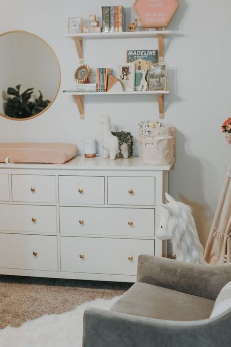 Wood Shelves over the changing table    #wedding #weddingideas #weddingdecor #weddingdecorations #weddingstyle #weddinginspiration Ikea Nursery, Nursery Dresser, Nursery Baby Room, Nursery Furniture Sets, Safari Nursery, Cool Ideas, Baby Bedroom, Nursery Decor Girl, Nursery Inspiration