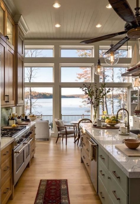 Rustic Kitchen Lake Home Kitchen Ideas, Lakehouse Kitchens, Mountain Cabin Kitchen, Lake House Kitchens, Lake House Kitchen Ideas, Kitchen With Windows, Traditional Rustic Kitchen, Rustic Chic Kitchen, Dorm House