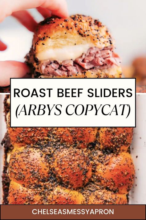 Roast Beef Sliders with gooey Swiss cheese, tender roast beef, and the best butter topping are perfect comfort food the whole family will love! #appetizer #best #quick #easy #arbys #roastbeef #sliders Roast Beef Subs, Arbys Roast Beef Sliders, Easy Roast Beef Sliders, Roast Beef Appetizers, Roast Beef Sliders Recipes, Sliders Recipes Beef, Beef Appetizers, Tender Roast Beef, Roast Beef Sliders