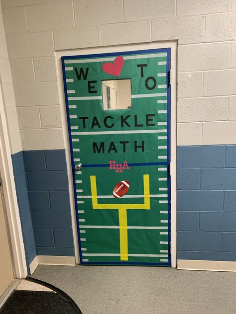 Football Door Ideas For Classroom, Hoco Door Decorating Football, Football Classroom Door, Football Themed Classroom Door, Classroom Football Theme, Classroom Door Football Theme, Football Reading Bulletin Board, Football Bulletin Boards, Teacher Appreciation Doors