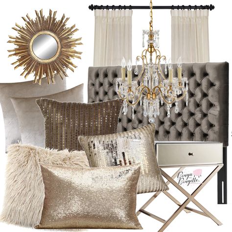 Glam Pillows Living Rooms, Grey Gold White Bedroom, Silver And Gold Bedroom Ideas, Silver And Gold Bedroom Decor, Gray And Gold Bedroom Ideas, Neutral Master Bedrooms Decor, Neutral Glam Bedroom, Bougie Bedroom, Glam Bedroom Decor Luxury