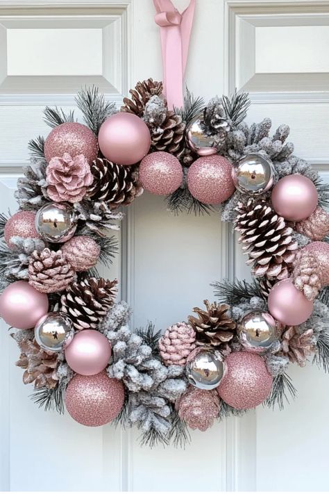 Pink Christmas Wreaths For Front Door, Winter Valentine Mantle Decor, Pink Wreath Christmas, Pastel Christmas Decor Ideas, Winter Wreaths Diy, Diy Pink Christmas Decorations, Pink Christmas Ideas, Pink Christmas Diy, Pink Christmas Theme