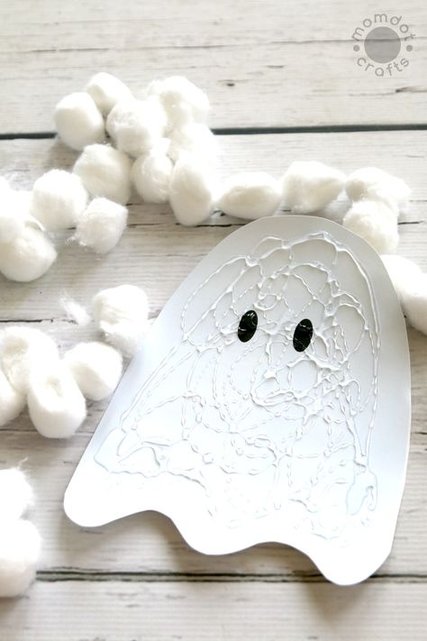 Halloween Crafts: Cotton Ball Ghosts with Free Downloadable Ghost Template (Free Printable), So fun for kids, preschoolers to make hanging ghosts! Ghost Template Free Printable, Ghost Crafts Preschool, Cotton Ball Ghost, Pumpkin Craft Kindergarten, Ghost Template, Fall Crafts For Toddlers, Template Free Printable, Halloween Crafts Preschool, Ghost Crafts