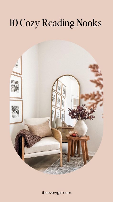 Small Bedroom Reading Corner Ideas, Master Reading Nook Cozy Corner, Bedroom Decor Reading Corner, Cozy Chair Corner Living Rooms, Side Table Reading Nook, Mirror And Accent Chair Corner, Bedroom Corner Styling, Reading Area In Office, Corner Seating Area Bedroom