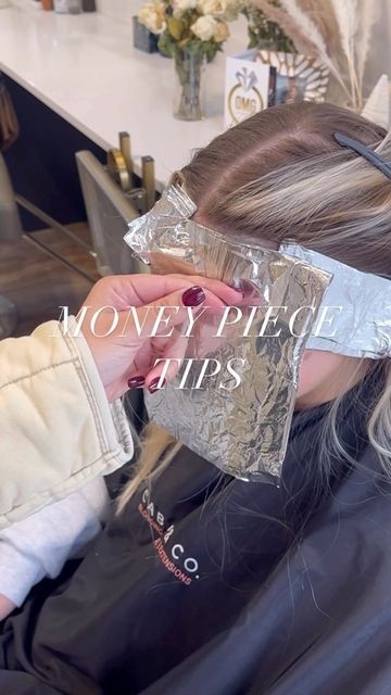 Level 7 Hair With Money Piece, Money Piece Ponytail, Colored Money Piece Hair Blonde, Foil Placement For Money Piece, Money Piece Hair Placement, How To Foil Money Piece, Money Piece Hair At Home, Money Piece Technique, Diy Money Piece Hair Tutorial