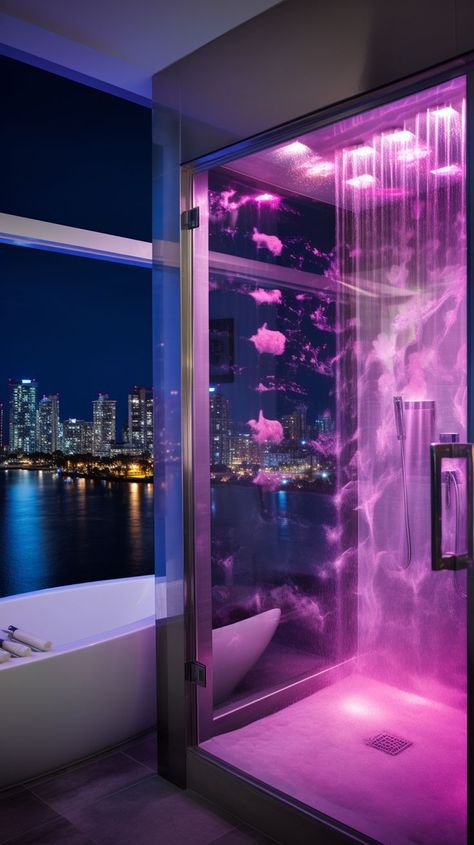 Elevate your space effortlessly. 🌸✨#luxurybathroom #luxurybathroommasterbaths #luxurybathroominteriordesign #luxurybathroomideas #luxurybathroomdesigns #luxurybathroominterior #luxurybathroomdesignmodern #jacuzzy #bathtub #LED #LEDs #pinkbathroom #modernbathroom #bathroomwithview #bathroommiami #miamiloft #modernmiamihome #bathroomwithshower #walkinshower #eluxyum #interiordesign #moderndecor #modernbathroominspo #luxurybathroominspo #villa #residentialarchitecture #steambath Pallet Wall Bedroom, Hair Room Ideas, Hair Room Ideas At Home, Jacuzzi Bathroom, Hair Room, Bedroom Ideas For Small Rooms Cozy, City View Apartment, Aesthetic Interior Design, Neon Bedroom