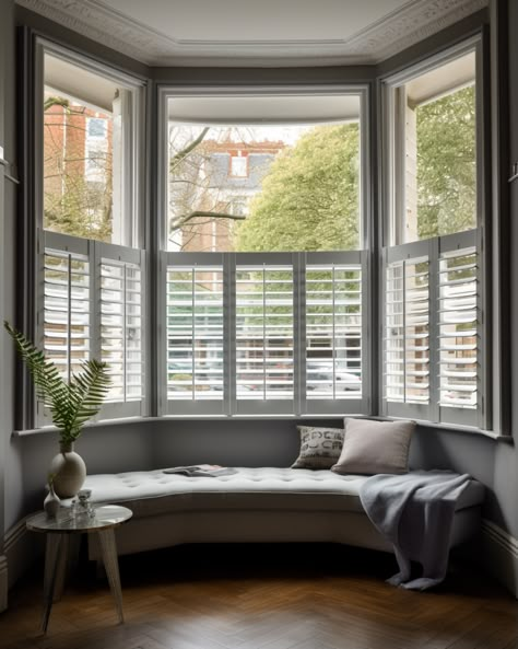 Cafe Style Shutters In A Bay Window Half Shutters Bay Window, Shutter Blinds Bay Window, Bay Window Panelling, California Shutters Living Room, Cafe Shutters Bay Window, Window Bay Ideas, Bay Window With Curtains, Bay Window Privacy Ideas, Bay Window Styling