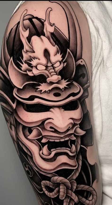 Samurai Oni Mask Tattoo, Oni Samurai Tattoo, Samurai Head Tattoo, Samurai Mask Tattoo Design, Tattoo Dark Work, Japanese Hannya Mask Tattoo Design, Hanya Mask Tattoo Design, Hannya Mask Tattoo Design, Mascara Hannya