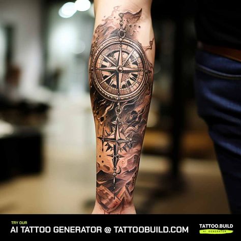 Compass Tattoos For Men Forearm, Christian Compass Tattoo Men, Compus Tattoos Men, Compass Tattoo Men Sleeve, Men’s Compass Tattoo, Christian Compass Tattoo, Compass Rose Tattoo Men, Compass Clock Tattoo Design, Compass Arm Tattoo