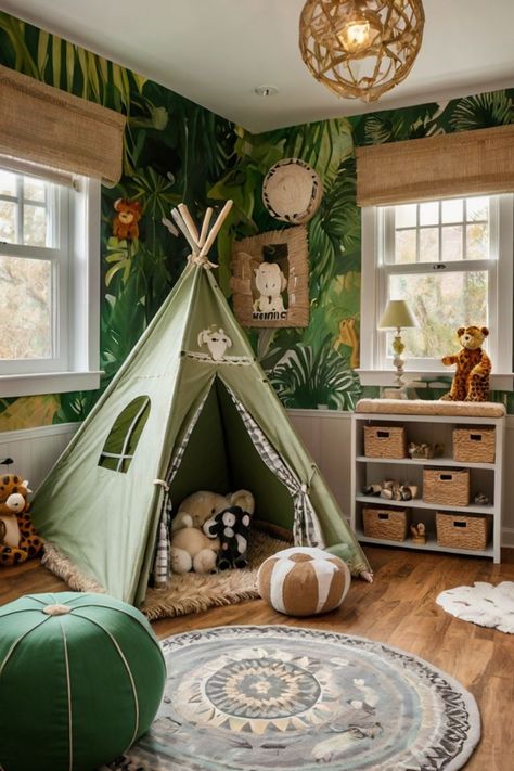 JungleSafari, KidsPlayroom, InteriorDesign, AdventurePlayroom Jungle Montessori Room, Nature Theme Playroom, Forest Theme Kids Room, Forest Theme Playroom, Jungle Boys Room, Forest Playroom, Jungle Playroom, Rainforest Nursery, Whimsical Playroom