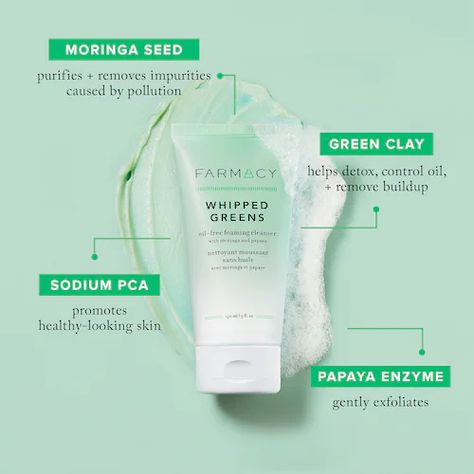 Whipped Greens: oil-free foaming cleanser with moringa and papaya - Farmacy | Sephora Farmacy Skincare, Oil Free Cleanser, Foaming Soap, Papaya Enzyme, Double Cleansing, Clear Pores, Foaming Cleanser, Green Clay, Oily Skin Care