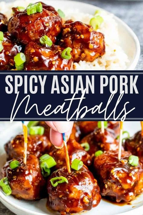 Spicy Pork Meatballs, Asian Inspired Meatballs, Pork Appetizer Recipes, Party Ourderves, Asian Inspired Appetizers, Spicy Meatballs Appetizers, Pork Meal Prep, Upscale Appetizers, Sticky Asian Pork