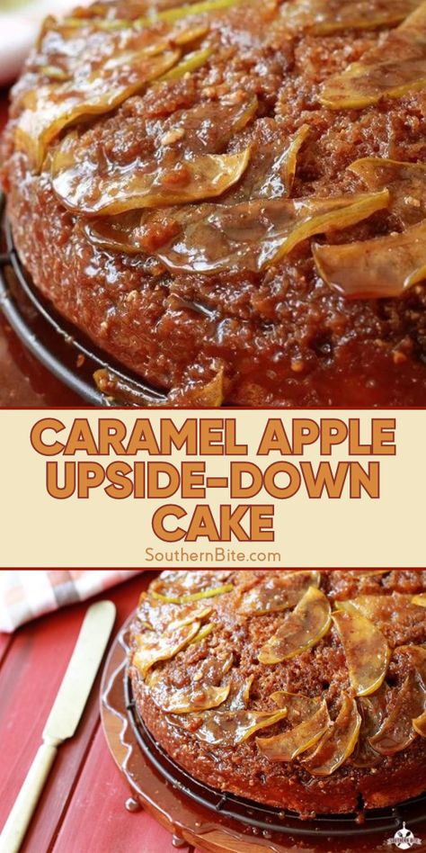 Y’all this Caramel Apple Upside-Down Cake is crazy easy and ridiculously delicious – plus, it’s beautiful, too! It’s ooey, gooey and just the perfect dessert for Fall. Y’all enjoy! Ooey Gooey Apple Cake, Candy Apple Upside Down Cake, Carmel Apple Upside Down Cake Delish, Caramel Apple Upside Down Cake, Carmel Recipe, Apple Upside Down Cake, Dessert For Fall, Upside Down Cakes, Cake Surprise