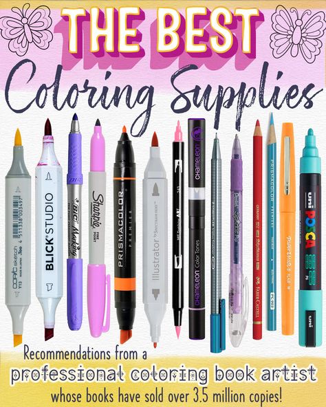 Learn about the best coloring supplies to use in adult coloring books! Recommendations from professional artist Thaneeya McArdle, whose coloring books have sold over 3.5 million copies! Best Coloring Books For Adults, Best Markers For Coloring, Adult Coloring Techniques, Diy Coloring Book, Best Markers, Coloring Pens, Gel Pen Art, Thaneeya Mcardle, Coloring Stuff