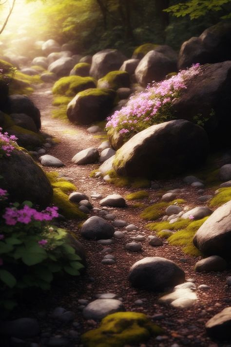 Path between stones with flowers and forest. Natures Path, Stone Road, Fall Canvas Painting, Fall Canvas, Forest Path, Stone Path, Acrylic Painting Techniques, Summer Pictures, Pyrography