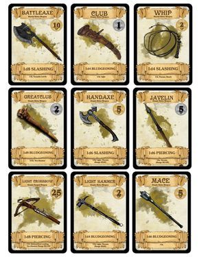 Weapon Cards for D&D 5th Edition. All 37 weapons from the PHB on cards available in a PDF on Google Drive with the following... Dnd Cards, Game Card Design, D D Items, Dnd 5e Homebrew, Heroic Fantasy, Dragon Rpg, Adventure Time Finn, Rpg Map, Dungeons And Dragons Game