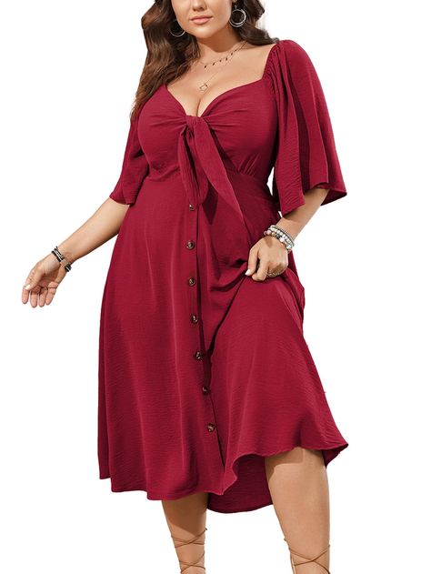 PRICES MAY VARY. Material: This Plus size dress is made in lightweight and skin-touch, soft and flowy texture fabric. It's a great choice to be one of your summer dress collection Design: Plus size dresses for curvy women is in tie front deep v neck design, it's good to shape your figure and show a deep v-neckline, the ruffle 3/4 sleeve is perfect to embellish your arm, back smocked is comfortable to fit your curves, and the button decorates this flowy dress in more fashion Feature: Plus size dr Feminine Plus Size Outfits, Plus Size Summer Dresses Casual, Apron Belly Outfits, Hawaii Outfit, Apple Shape Fashion, V Neck Design, Plus Size Summer Dresses, Curvy Petite Fashion, Texture Fabric