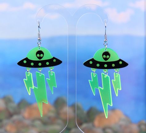 UFO Alien Earrings Rave Earrings, Sci Fi Earrings, Handmade Space-themed Earrings For Gift, Kitsch Earrings, Funny Stud Earrings, Spaceship Earrings, Nerd Earrings, Injustice League, Alien Jewelry